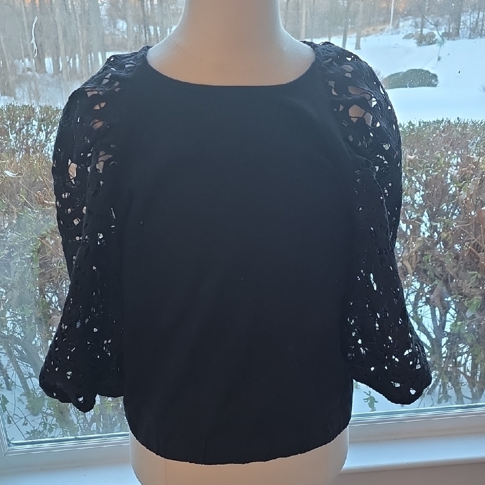 Anthropologie Dolan Black Crochet Lace Sleeve Blouse Smocked Hem Medium